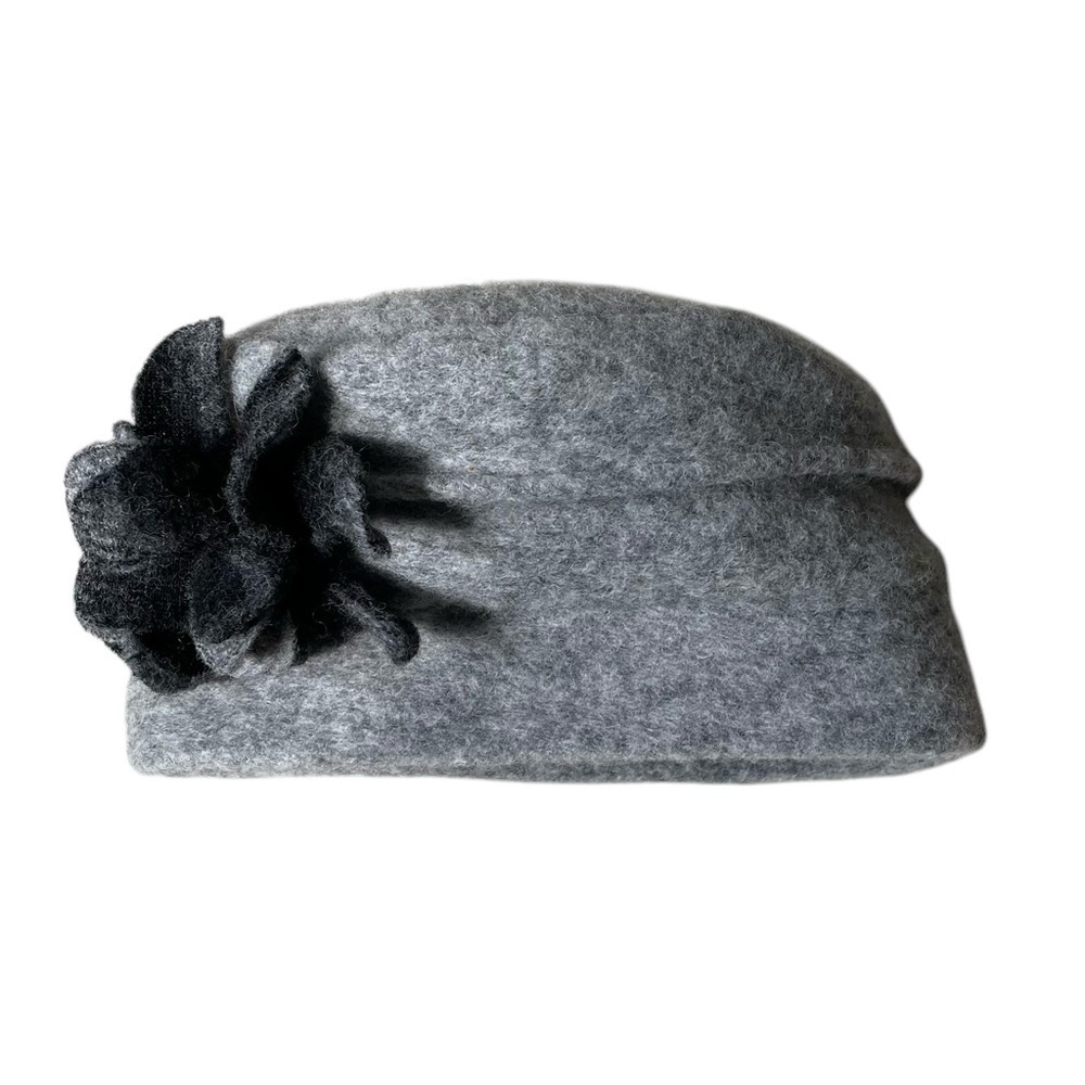 LAFENICE Grey Wool Winter Hat Black Flower Detail One Size